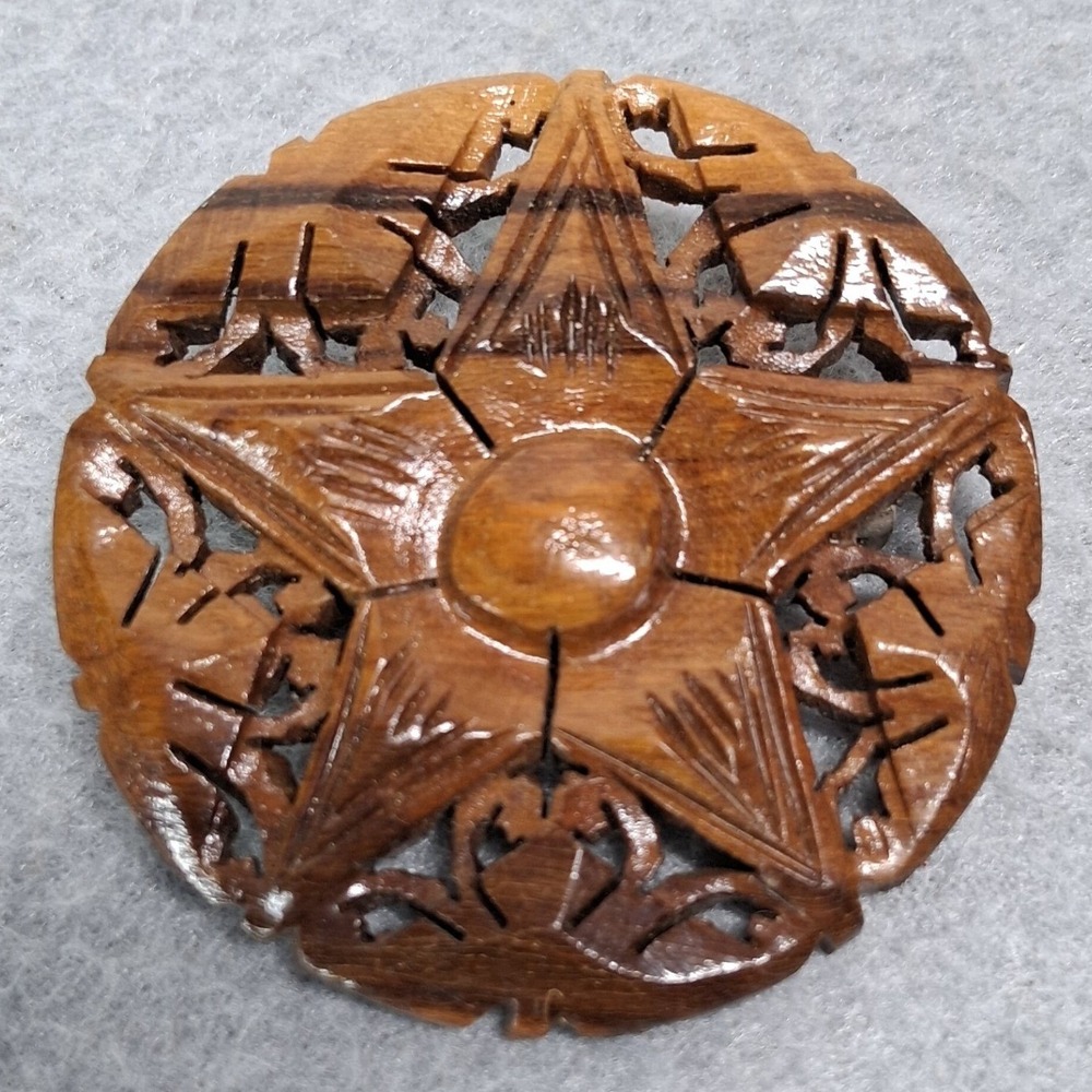 Vintage Hand Carved Wood Star Brooch Pin Brown Round Openwork Boho Artisan